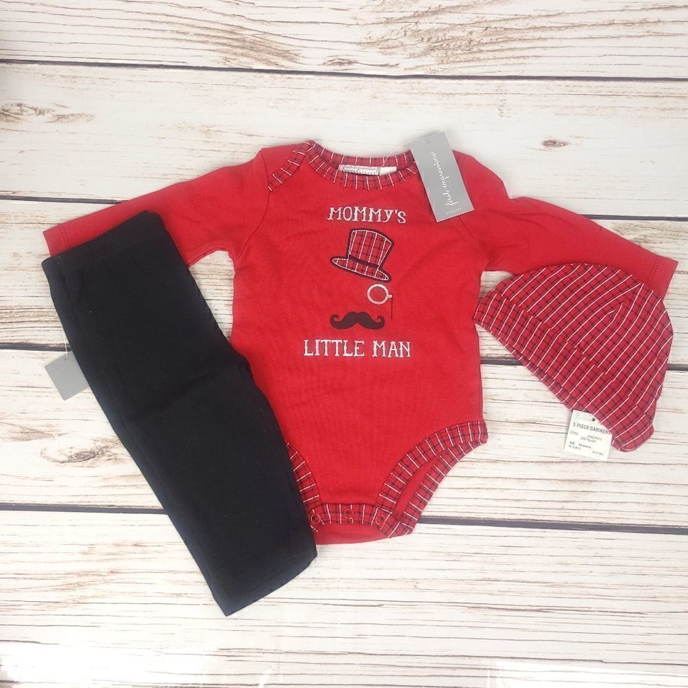 Baby Boy 3 piece Outfit Onsie Pants Hat Black and Red Christmas Set Size 3-6m